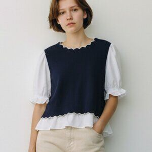 Nanette Lepore Scalloped Mixed Media Puff Sleeve Knit Top Navy White Large L